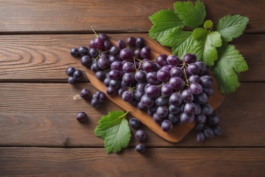 Bunch of fresh grapes on wooden table. Vintage style toned picture. ai generative