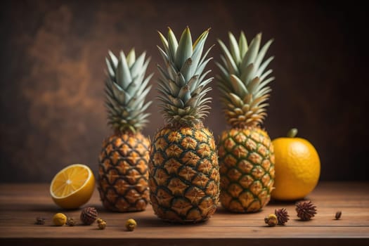 Pineapples on a wooden background. ai generative
