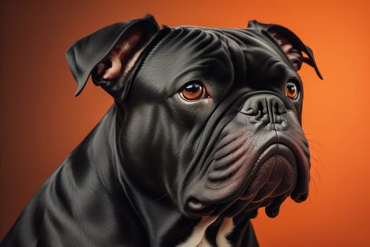 Close up portrait of a cute black dog on a orange background. ai generative