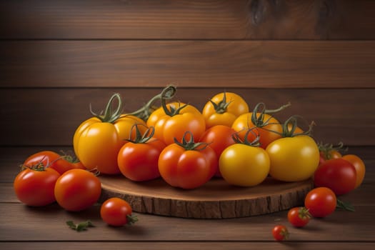 Tomatoes on a wooden table on a dark background. ai generative