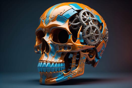 Human skull with gears and cogwheels. ai generative