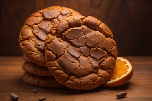 Chocolate chip cookies on orange background. Close up. Selective focus. ai generative