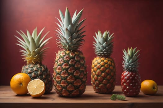 Pineapples on a wooden background. ai generative