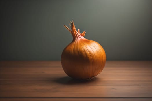Three onions on a wooden table in front of a solid color background. ai generative