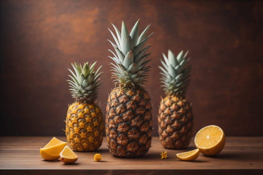 Pineapples on a wooden background. ai generative