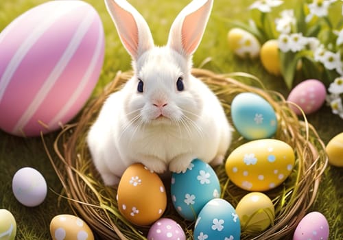 Easter bunny with colorful eggs in nest. ai generative