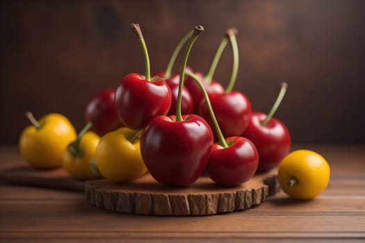 Red cherries on a wooden background. Close up. Selective focus. ai generative