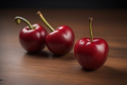 Red cherries on a wooden background. Close up. Selective focus. ai generative