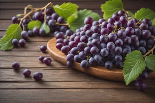 Bunch of fresh grapes on wooden table. Vintage style toned picture. ai generative