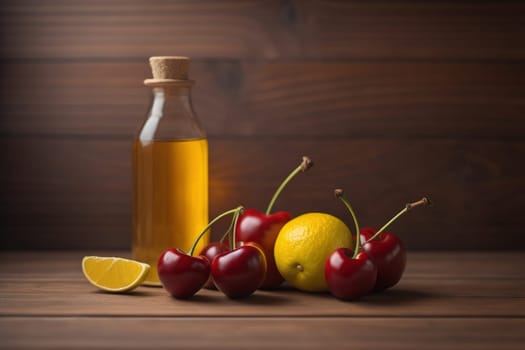 Red cherries on a wooden background. Close up. Selective focus. ai generative