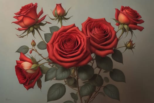 Red roses background. Top view of beautiful red roses with green leaves. ai generative