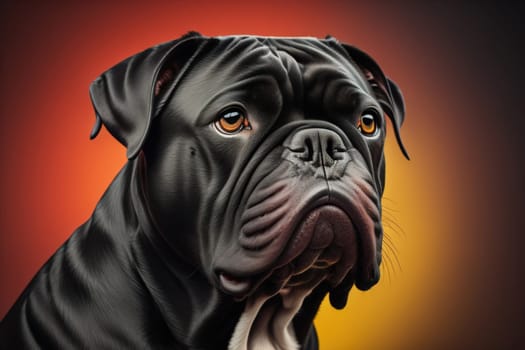 Close up portrait of a cute black dog on a orange background. ai generative