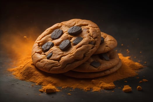 Chocolate chip cookies on orange background. Close up. Selective focus. ai generative