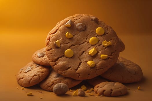 Chocolate chip cookies on orange background. Close up. Selective focus. ai generative