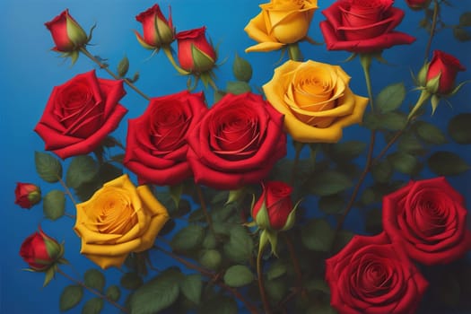 Red roses background. Top view of beautiful red roses with green leaves. ai generative