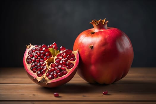 Ripe pomegranate fruit on a wooden background. Still life. ai generative