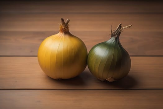 Three onions on a wooden table in front of a solid color background. ai generative