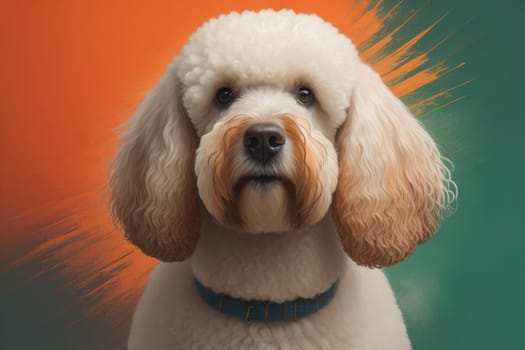 Close-up portrait of a poodle dog on a solid color background. ai generative