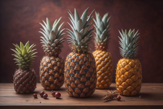 Pineapples on a wooden background. ai generative