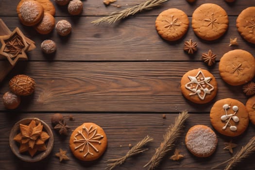 Cookies on a wooden table. Top view. ai generative