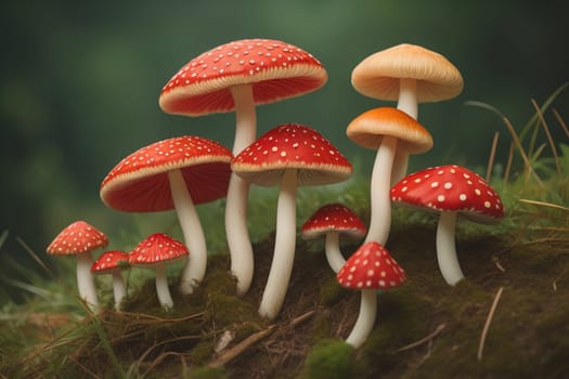 Mushrooms on a solid color background with green moss and water drops. generative ai