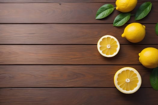 Lemon and slice of lemon on wooden background. Top view. ai generative