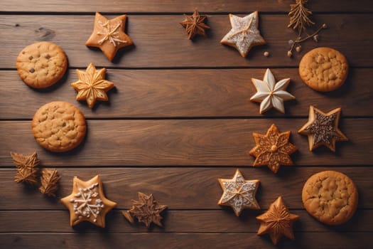 Cookies on a wooden table. Top view. ai generative