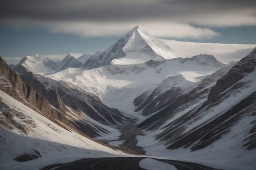 Mountains and snow-capped peaks of the Caucasus Mountains. ai generative