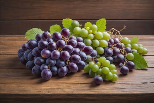 Bunch of fresh grapes on wooden table. Vintage style toned picture. ai generative