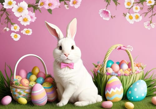 Easter bunny with colorful eggs in nest. ai generative