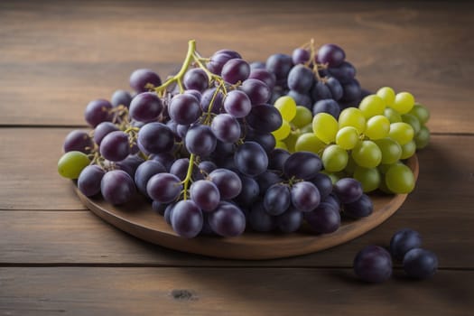 Bunch of fresh grapes on wooden table. Vintage style toned picture. ai generative
