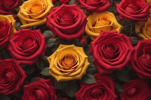 Red roses background. Top view of beautiful red roses with green leaves. ai generative