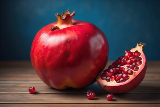 Ripe pomegranate fruit on a wooden background. Still life. ai generative