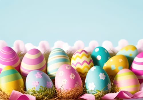 Easter bunny with colorful eggs in nest. ai generative
