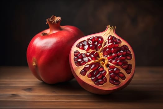 Ripe pomegranate fruit on a wooden background. Still life. ai generative