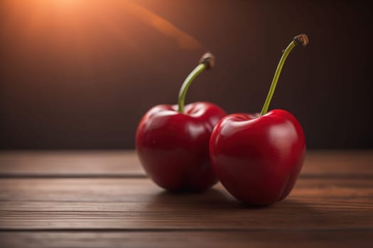 Red cherries on a wooden background. Close up. Selective focus. ai generative