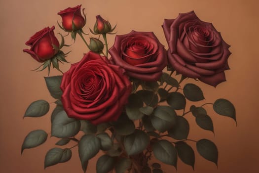 Red roses background. Top view of beautiful red roses with green leaves. ai generative
