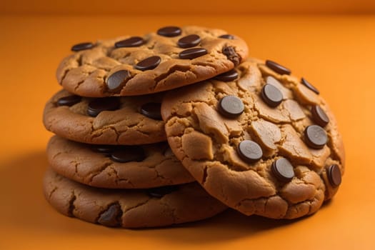 Chocolate chip cookies on orange background. Close up. Selective focus. ai generative