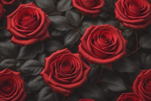 Red roses background. Top view of beautiful red roses with green leaves. ai generative