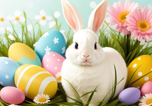 Easter bunny with colorful eggs in nest. ai generative