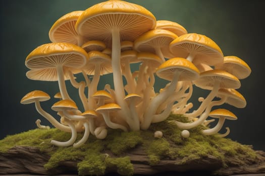 Mushrooms on a solid color background with green moss and water drops. generative ai