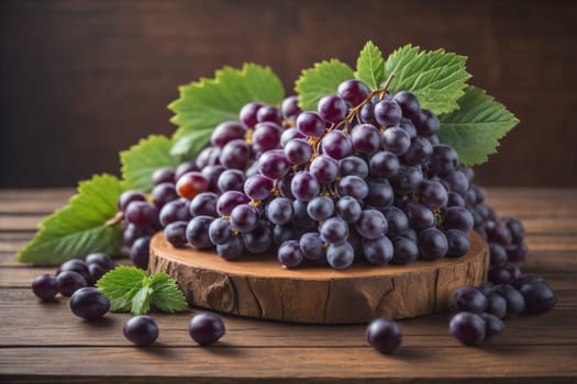 Bunch of fresh grapes on wooden table. Vintage style toned picture. ai generative