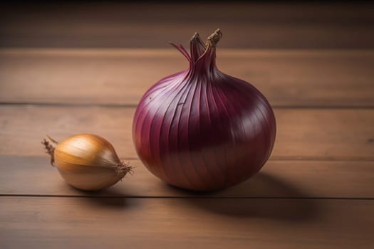 Three onions on a wooden table in front of a solid color background. ai generative