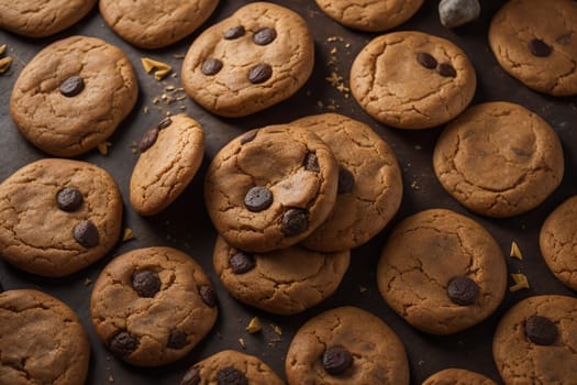 Chocolate chip cookies on orange background. Close up. Selective focus. ai generative