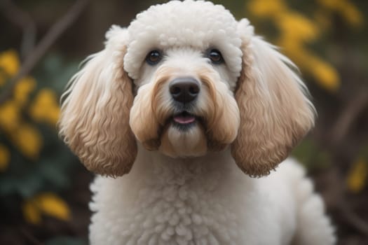 Close-up portrait of a poodle dog on a solid color background. ai generative