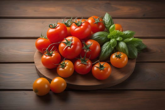 Tomatoes on a wooden table on a dark background. ai generative