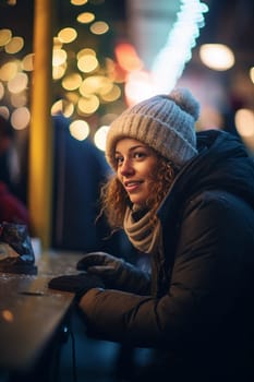 A woman bundled in warm winter attire sits alone at a street-side table, basking in the glow of the indoor lights and contemplating the solitude of the night