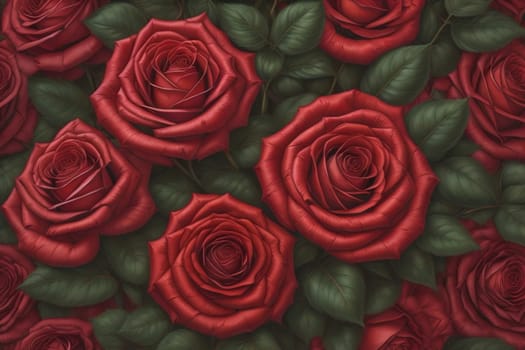 Red roses background. Top view of beautiful red roses with green leaves. ai generative