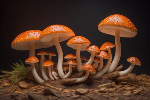 Mushrooms on a solid color background with green moss and water drops. generative ai
