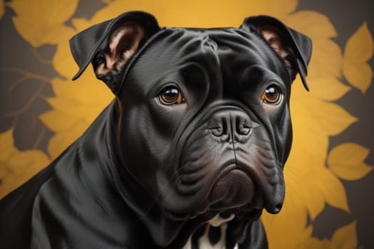 Close up portrait of a cute black dog on a orange background. ai generative
